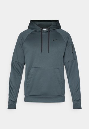 Nike hoodie in donkergrijs, met een kangoeroezak, verstelbare trekkoord en een met rits afsluitbare zak op de arm. Gladde stof met een ontspannen pasvorm.