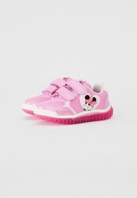 Pink children's sneakers with mesh and synthetic material, featuring a Minnie Mouse graphic, Velcro straps, and a textured outsole.