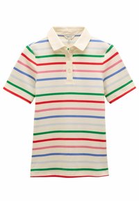 Polo-Shirt mit kurzen Ärmeln in Creme mit horizontalen Streifen in Rot, Grün, Pink und Blau. Verfügt über einen klassischen Kragen und eine Knopfleiste mit drei Knöpfen.