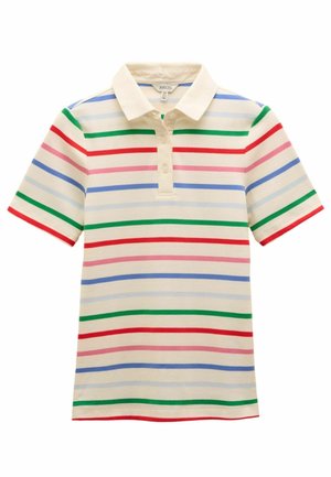 Polo tričko s krátkým rukávem v krémové barvě s vodorovnými pruhy v červené, zelené, růžové a modré. Součástí je klasický límec a tři knoflíky u zapínání.