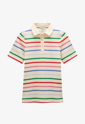 Kreminkrāsas īsām piedurknēm polo krekls ar horizontālām svītrām sarkanā, zaļā, rozā un zilā krāsā. Tam ir klasiskā apkakle un trīs pogu aizdare.