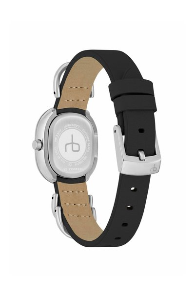 Runde Uhr aus silbernem Edelstahl mit einem schwarzen Gummiband, das ein beiges Lederfutter und einen einfachen Verschluss aufweist.