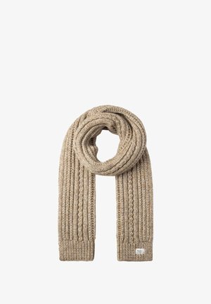 Écharpe tricotée de couleur beige clair avec une texture côtelée et un motif de câble torsadé. Présente un petit patch logo près d'une extrémité.