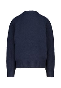 Pull en tricot bleu marine avec une texture douce, encolure ronde et bords côtes aux poignets et à l'ourlet. Présente une coupe décontractée et des manches raglan.