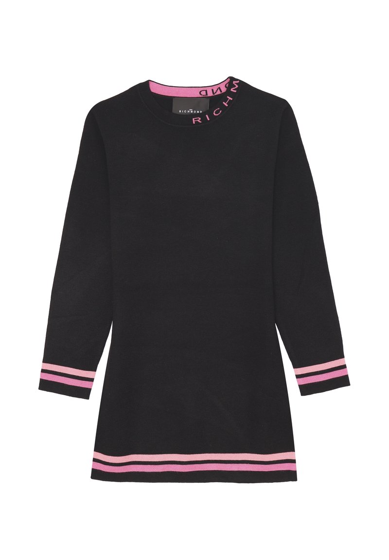 Abito nero a maglia con maniche lunghe. Presenta strisce rosa ai polsini e all'orlo. Collo a giro con "RICHMOND" in rosa sul colletto.