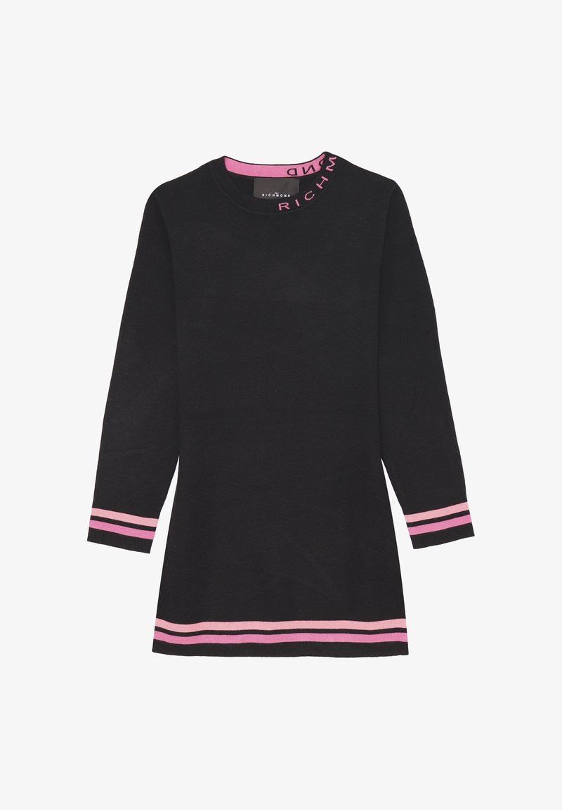 Abito nero a maglia con maniche lunghe. Presenta strisce rosa ai polsini e all'orlo. Collo a giro con "RICHMOND" in rosa sul colletto.