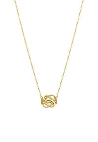 Goldkette mit einem gedrehten Knotenhänger. Die Kette hat kleine, runde Glieder. Der Anhänger hat eine strukturierte Oberfläche mit glatten und seilartigen Akzenten.
