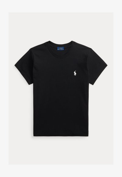 Μαύρο T-shirt με κοντά μανίκια και στρογγυλή λαιμόκοψη, με μικρό λευκό λογότυπο παίκτη πόλο στο αριστερό μέρος του στήθους, εμφάνιση σε απλό ανοιχτό φόντο.