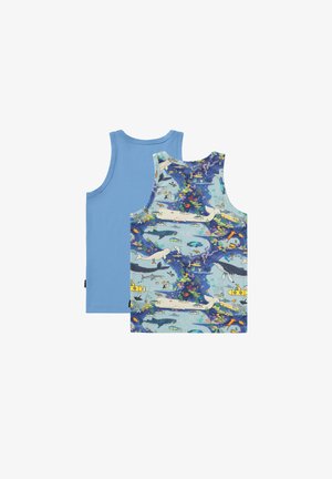 Duas t-shirts sem mangas para crianças, uma azul sólida e outra com um padrão de criaturas marinhas, incluindo baleias e submarinos.