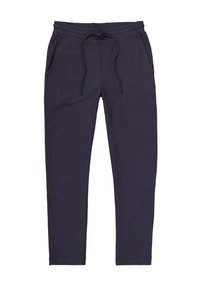 Marineblauwe sweatpants gemaakt van zacht materiaal, met een trekkoord in de taille, twee zijzakken en taps toelopende benen voor een aansluitende pasvorm.