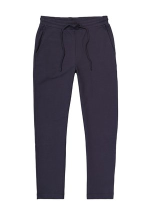 Pantalones de chándal azul marino hechos de una tela suave, con cintura ajustable, dos bolsillos laterales y piernas ajustadas para un corte ceñido.