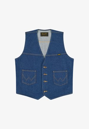 Blaue Jeansweste mit vorderen Knöpfen, zwei Fronttaschen mit W-förmiger Naht und einem Wrangler-Markenetikett auf der Innenseite des Kragens.