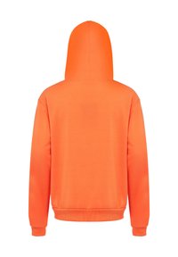Oranges Kapuzensweatshirt mit langen Ärmeln, aus strukturiertem Stoff. Besitzt eine glatte Oberfläche und gerippte Bündchen und Saum.