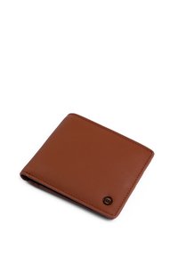 Brown leather wallet with a smooth texture, bi-fold design, and a small black logo accent on the bottom right corner.