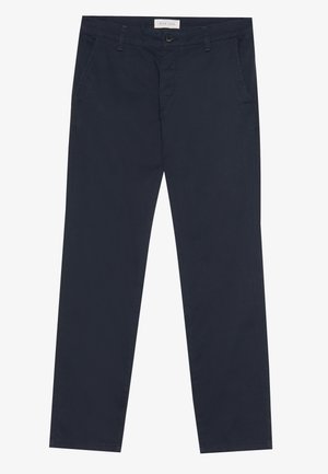Chinos azul marino de algodón con una textura suave, que cuentan con un cierre de cremallera, trabillas para el cinturón y bolsillos laterales para mayor funcionalidad.