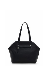 Black leather handbag with a textured finish, rounded shape, two sturdy handles, and a front zippered pocket with small metallic studs.