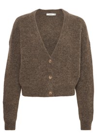 Brun ullkardigan med djup V-krage, kort silhuett och fyra guldknappar med strukturerad yta.