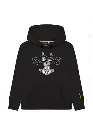 Sweat à capuche noir avec le visage de Bugs Bunny sous le mot « BOSS » en lettres grasses et un petit motif de carotte sur le bord de la manche droite.