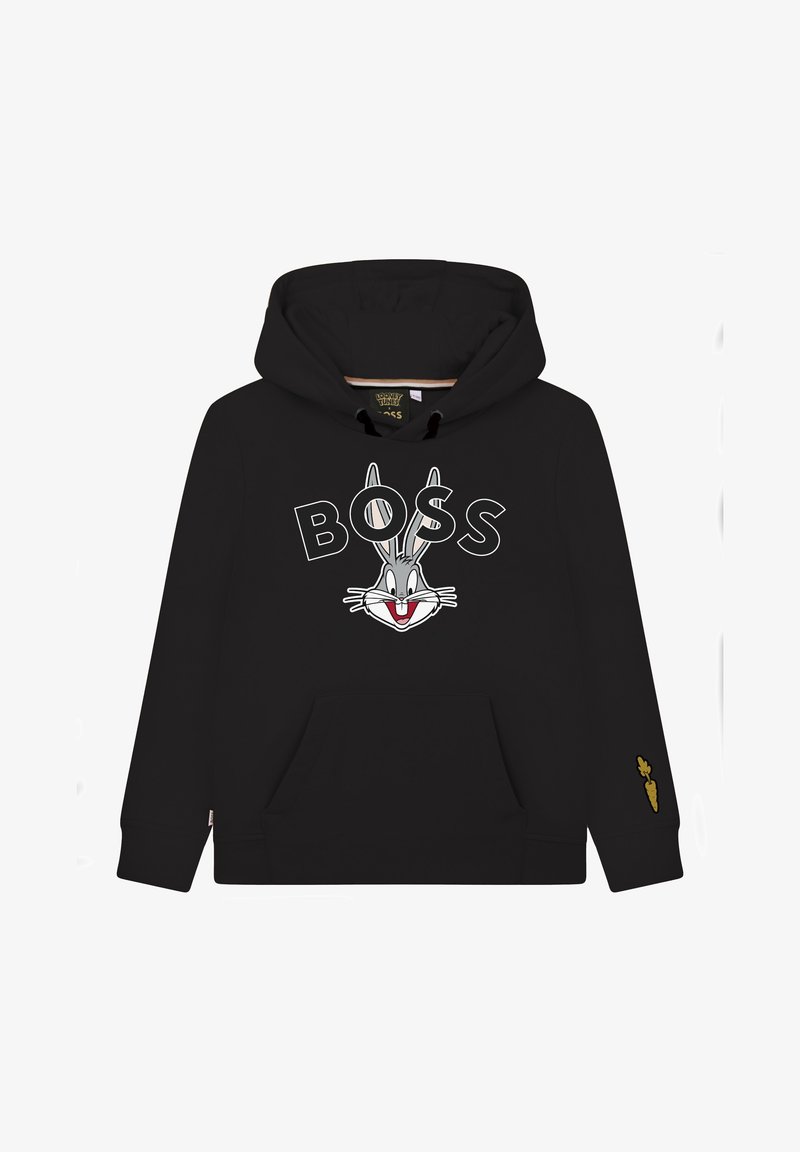 Sweat à capuche noir avec le visage de Bugs Bunny sous le mot « BOSS » en lettres grasses et un petit motif de carotte sur le bord de la manche droite.