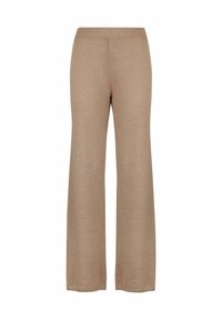 Beige, wijde broek gemaakt van een zachte, gestructureerde stof met een elastische tailleband. Glad afwerking, geschikt voor casual draag.