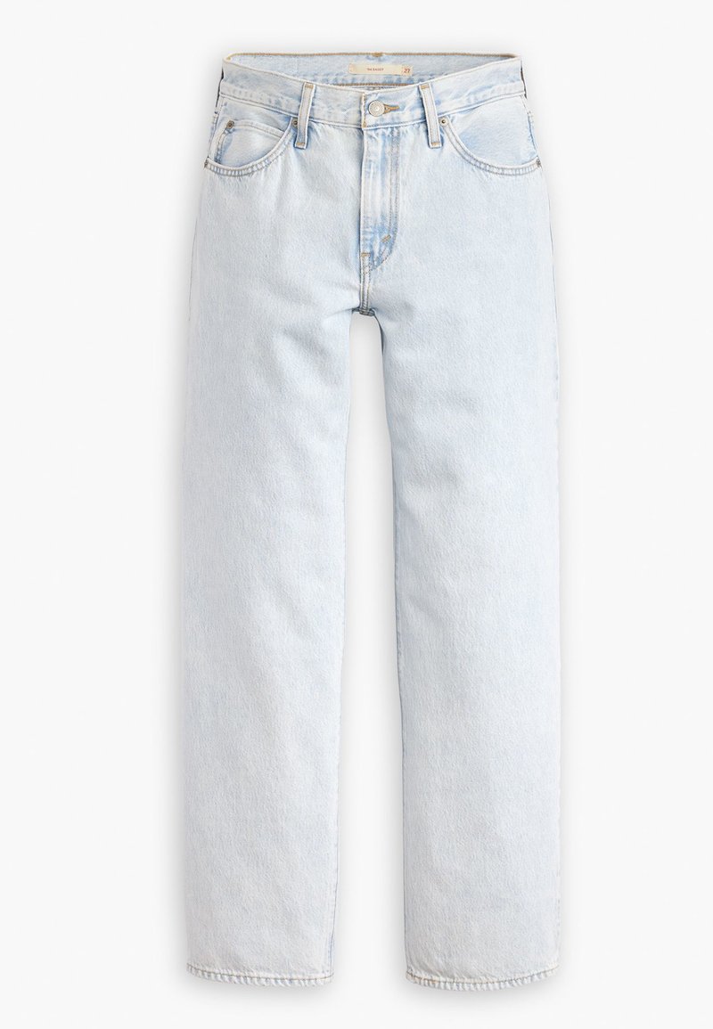Hellblaue, gerade geschnittene Jeans mit hoher Taille, die fünf Taschen, einen Knopfverschluss vorne und sichtbare Nähte aufweist.