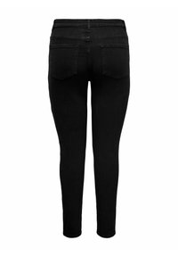 Svarta slim fit-jeans i denim, med hög midja, två bakfickor och en jämn, slät yta utan synlig användning eller blekning.
