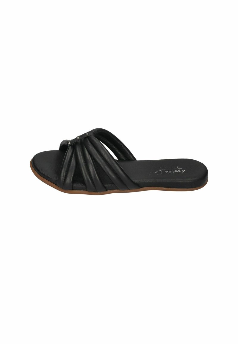Black leather slide sandals with a flat sole, featuring gathered straps and a metallic accent. Smooth texture and minimalistic design.
