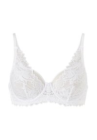 Hvid blonde-bh med tre-delte skåle, blomstertryk, bølgede kanter og justerbare stropper med en glat tekstur.