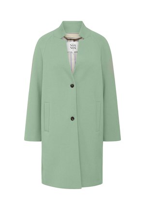 Mint green coat with a structured design, featuring a notched collar, two side pockets, and two black buttons down the front. Lined interior.