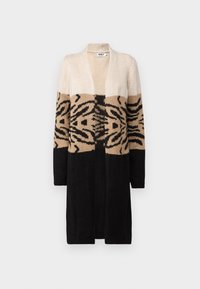 Długi kardigan z kolorowym blokowym wzorem w kremowym, beżowym i czarnym kolorze, z wzorem zwierzęcym na środkowej części. Dzianina o fakturowanej strukturze.
