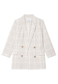 Blazer croisé en tissu beige clair à motif à carreaux. Il présente deux boutons marron et deux poches avant. Design classique avec revers.