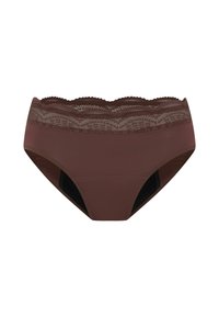 Sous-vêtements en tissu marron avec une finition en dentelle à la taille. Le matériau semble lisse et légèrement brillant, avec un design à couverture totale.
