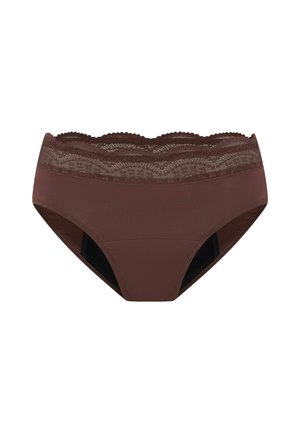 Sous-vêtements en tissu marron avec une finition en dentelle à la taille. Le matériau semble lisse et légèrement brillant, avec un design à couverture totale.