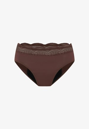 Sous-vêtements en tissu marron avec une finition en dentelle à la taille. Le matériau semble lisse et légèrement brillant, avec un design à couverture totale.