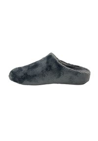 Grijze, met bont gevoerde slipper met een gesloten achterkant, een gladde textuur, een ronde neus en een laag profiel zool, ontworpen voor comfort en warmte.