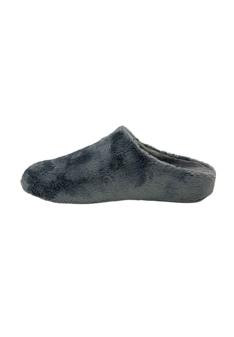 Grijze, met bont gevoerde slipper met een gesloten achterkant, een gladde textuur, een ronde neus en een laag profiel zool, ontworpen voor comfort en warmte.