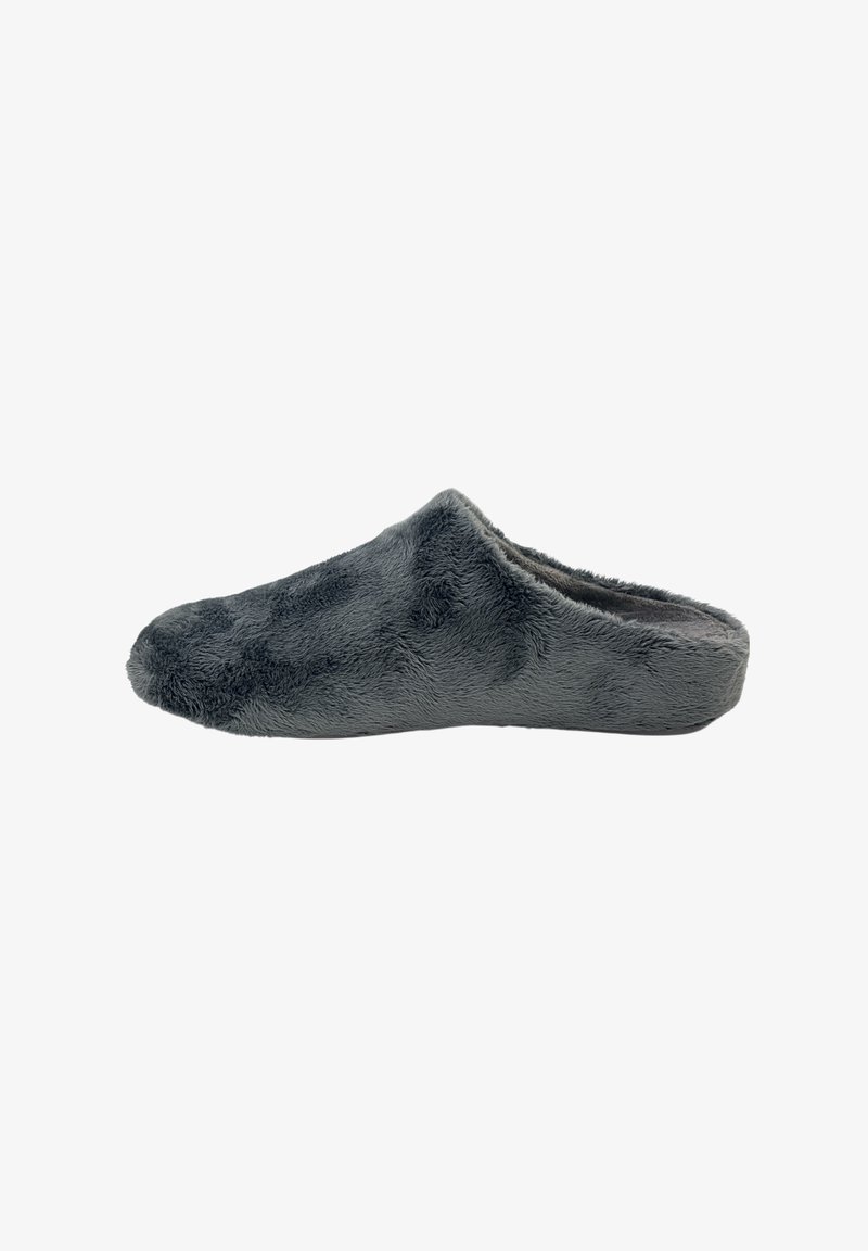 Grijze, met bont gevoerde slipper met een gesloten achterkant, een gladde textuur, een ronde neus en een laag profiel zool, ontworpen voor comfort en warmte.