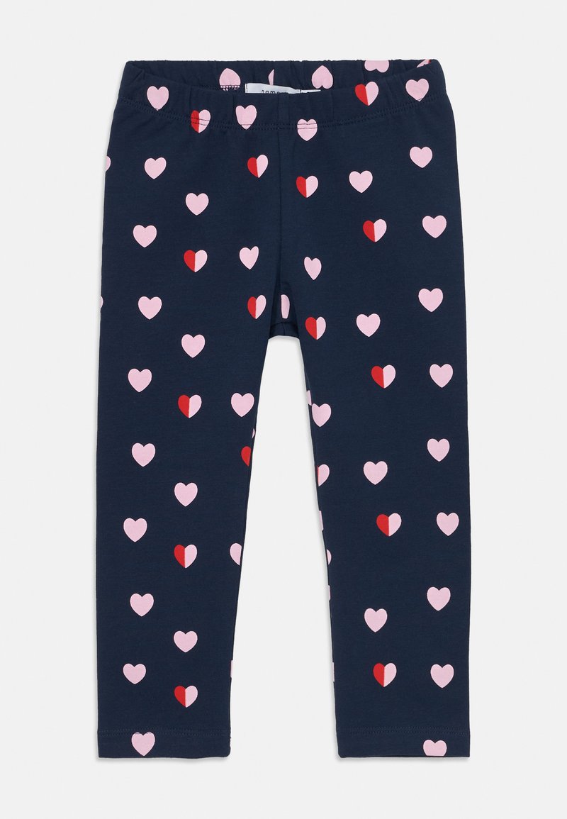 Navy Leggings aus weichem Stoff mit elastischem Bund, versehen mit einem sich wiederholenden Muster aus pinken und roten Herzen.