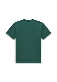 Camiseta de manga corta verde oscuro hecha de algodón suave. Presenta un cuello redondo clásico y una textura lisa sin patrones o acentos visibles.