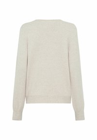 Hellbeige Pullover aus strukturiertem Stoff, mit Rundhalsausschnitt und langen Ärmeln, versehen mit ribbeligen Akzenten an den Bündchen und dem Saum.