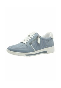 Light blue sneaker with woven texture, white laces, side zipper detail, and white sole. Features a smooth leather finish and subtle accents.