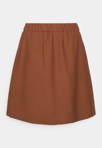 Gonna marrone realizzata in tessuto liscio, con una vita elastica e una silhouette svasata. Senza ulteriori motivi o dettagli hardware.