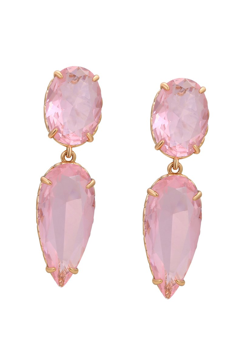 Orecchini di cristallo rosa a forma di goccia, con una pietra ovale sulla parte superiore e fissati con prong in metallo dorato.