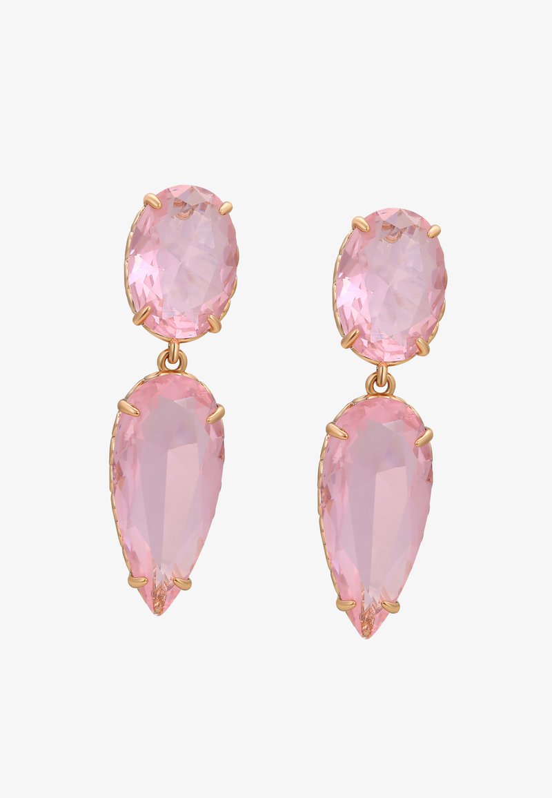Orecchini di cristallo rosa a forma di goccia, con una pietra ovale sulla parte superiore e fissati con prong in metallo dorato.