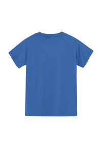 Blå kortärmad t-shirt med rund halsringning och mjukt tyg. Bakdelen har en slät yta, utan mönster eller dekorationer.