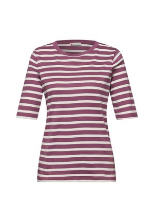 Chemise à manches courtes à rayures horizontales violettes et blanches avec un col rond, en tissu doux, présentée sur un fond blanc.