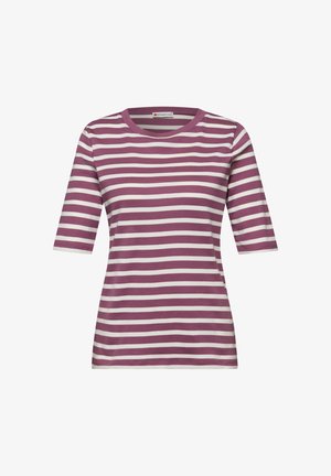 Violetti-valkoraidallinen lyhythihainen paita pyöreällä pääntiellä, pehmeästä kankaasta, valkoisella taustalla esillä.