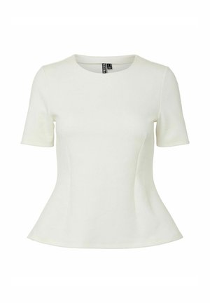 Weiße, kurzärmlige, figurbetonte Bluse mit rundem Ausschnitt und leicht ausgestellter Taille.