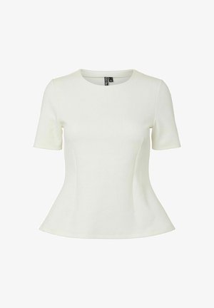 Weiße, kurzärmlige, figurbetonte Bluse mit rundem Ausschnitt und leicht ausgestellter Taille.