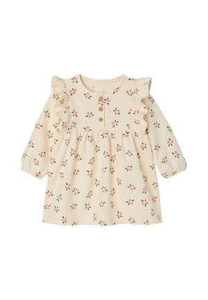 Cream-colored long-sleeve baby dress with pink floral print, ruffled shoulder details, three wooden buttons on the chest, elastic cuffs.